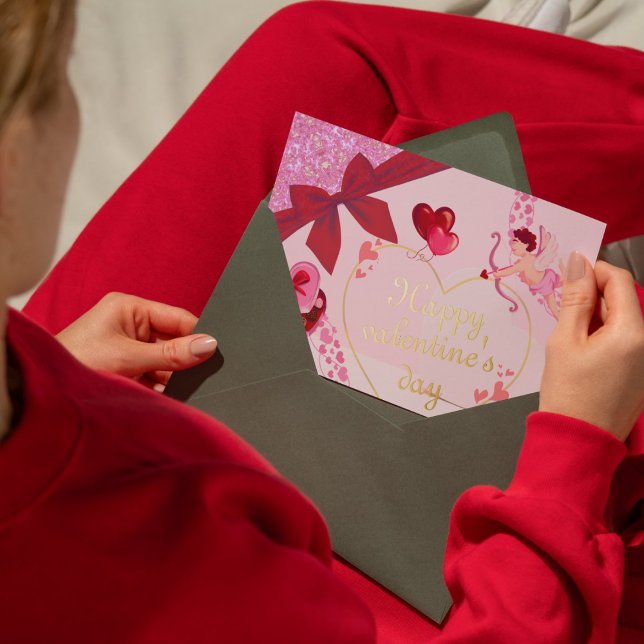 Romantic Cupid Love with Foil Heart and Red Ribbon Holiday Card (Creator Uploaded)