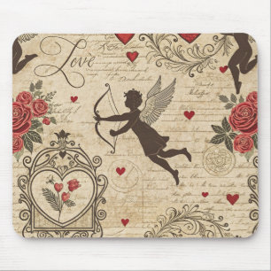 Romantic Cupid Victorian Calligraphy Valentine Mouse Mat
