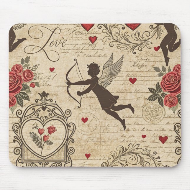 Romantic Cupid Victorian Calligraphy Valentine Mouse Mat (Front)