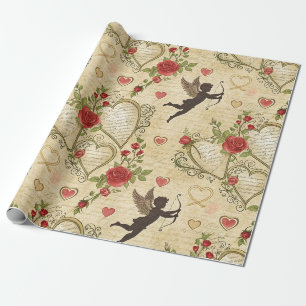 Romantic Cupid Victorian Calligraphy Valentine Wrapping Paper