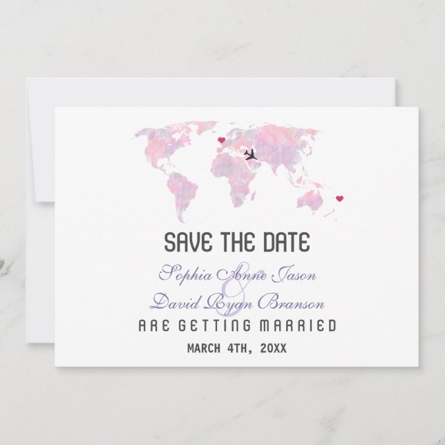 Romantic Custom Destination World Map Wedding Save The Date (Front)