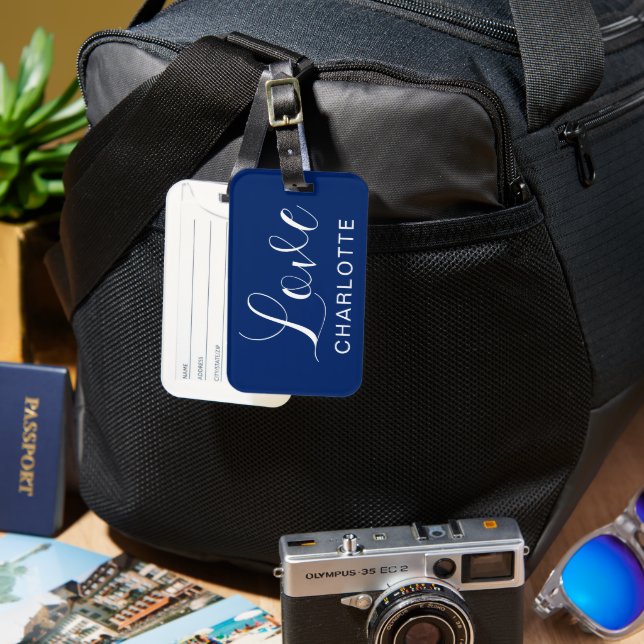 Romantic Custom Script Love Symbol Navy Luggage Tag (Front & Back)