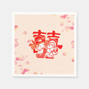 Romantic Cute Couple Double Happiness Wedding Napkin