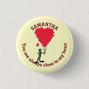 Romantic cute frog and red heart personalised 3 cm round badge