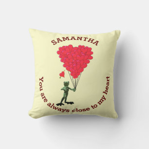 Romantic cute frog and red heart personalised cushion