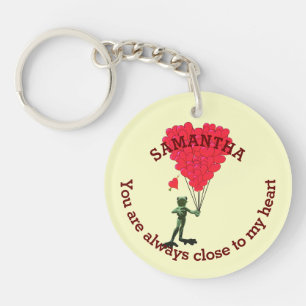 Romantic cute frog and red heart personalised key ring