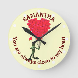 Romantic cute frog and red heart personalised round clock
