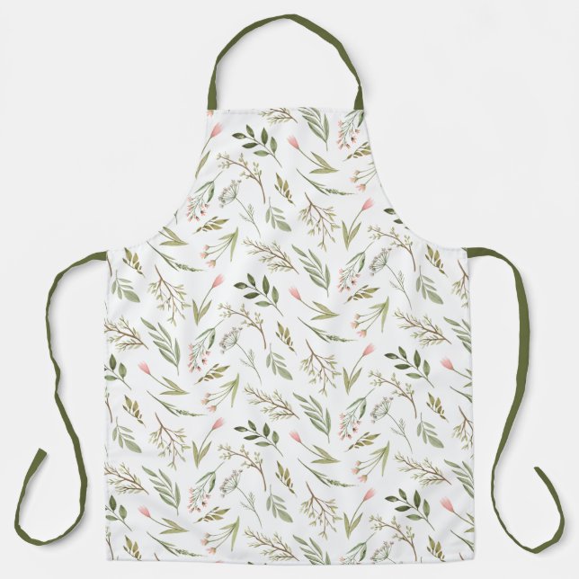 Romantic Cute pink meadow flowers and green leaves Apron (Front)