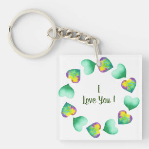 Romantic Cute Watercolor Green Valentine's Day Key Ring