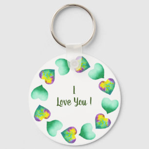 Romantic Cute Watercolor Green Valentine's Day Key Ring