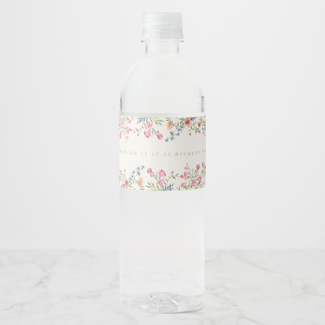 romantic dainty floral boho spring wedding water bottle label (Front)