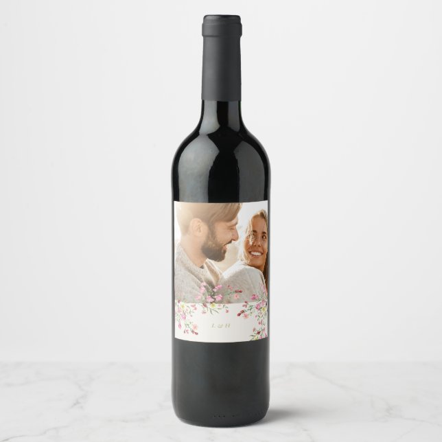 romantic dainty floral spring wedding Photo Wine Label (Front)