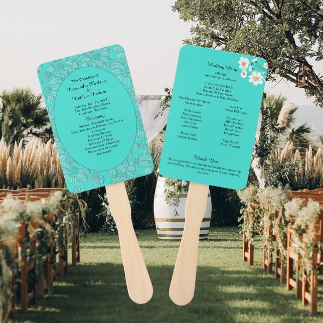 Romantic Daisies Floral Turquoise Wedding Program Hand Fan (Romantic Daisies Floral Turquoise Wedding Program Hand Fan)