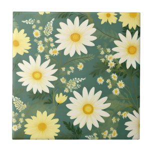 Romantic Daisies On Green Tile