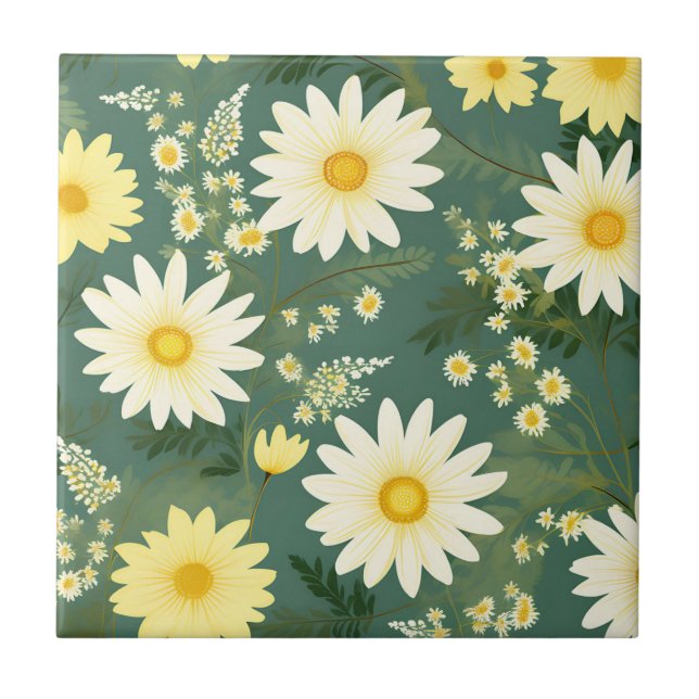 Romantic Daisies On Green Tile (Front)
