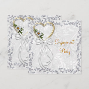 Romantic Daisy, Diamonds & White Ribbon Engagement Invitation
