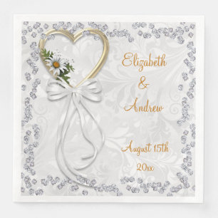 Romantic Daisy, Diamonds & White Ribbon Engagement Napkin