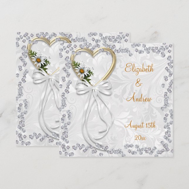 Romantic Daisy, Diamonds & White Ribbon Wedding Invitation (Front/Back)