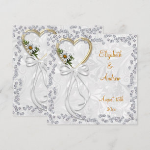 Romantic Daisy, Diamonds & White Ribbon Wedding Invitation