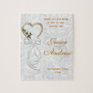 Romantic Daisy, Gold Heart & White Ribbon Jigsaw Puzzle