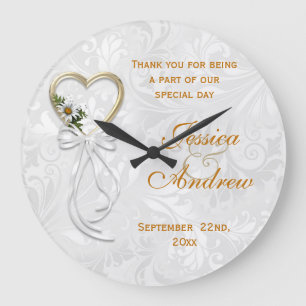 Romantic Daisy, Gold Heart & White Ribbon Large Clock