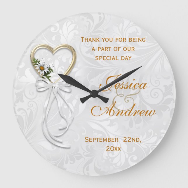 Romantic Daisy, Gold Heart & White Ribbon Large Clock (Front)