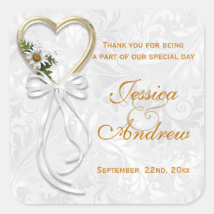 Romantic Daisy, Gold Heart & White Ribbon Square Sticker