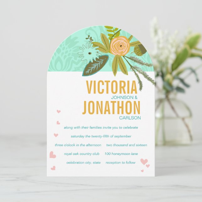 Romantic Damask Mint and Gold Wedding Invitations (Standing Front)
