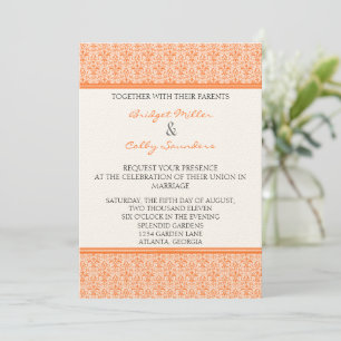 Romantic Damask Wedding Invite, Tangerine Invitation