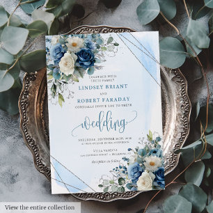 Romantic Dark Blue Silver Roses Wedding Invitation