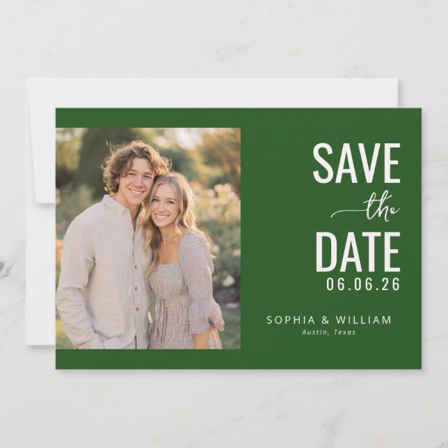 Romantic Dark Green Modern Photo Save The Date (Front)