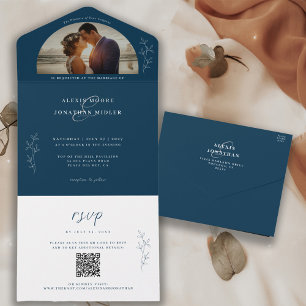 Romantic Dark & Moody Blue Wedding Photo   All In One Invitation