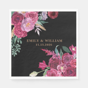 Romantic Dark Moody Burgundy Floral Black Wedding Napkin