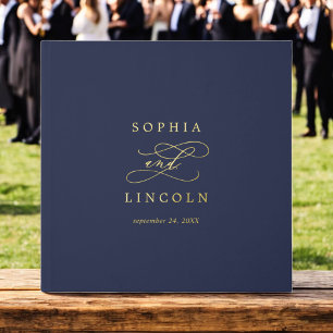 Romantic Dark Navy Blue Gold Foil Monogram Wedding Guest Book