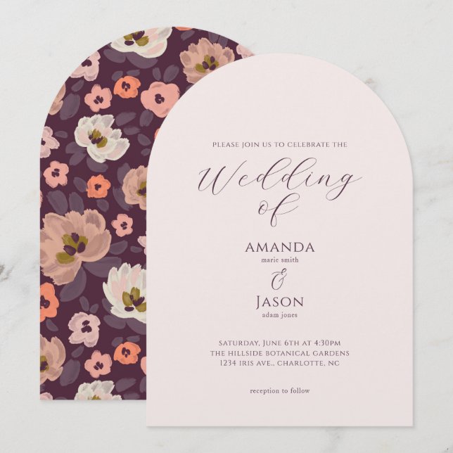 Romantic dark plum purple fall floral wedding invitation (Front/Back)