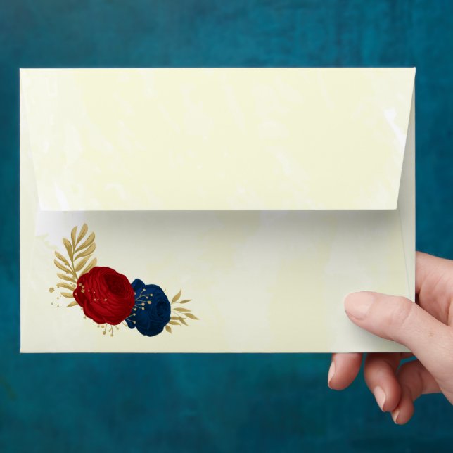 Romantic dark red & navy blue flowers gold envelope (Hand)