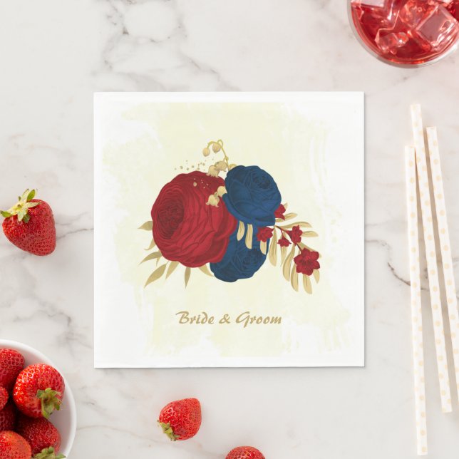 Romantic dark red & navy blue flowers gold napkin (Insitu)
