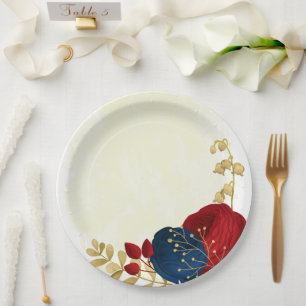 Romantic dark red & navy blue flowers gold paper plate