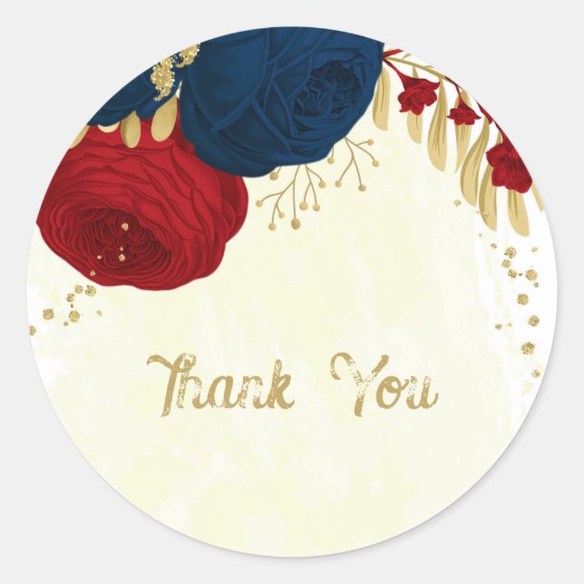 Romantic dark red & navy blue flowers gold wedding classic round sticker (Front)
