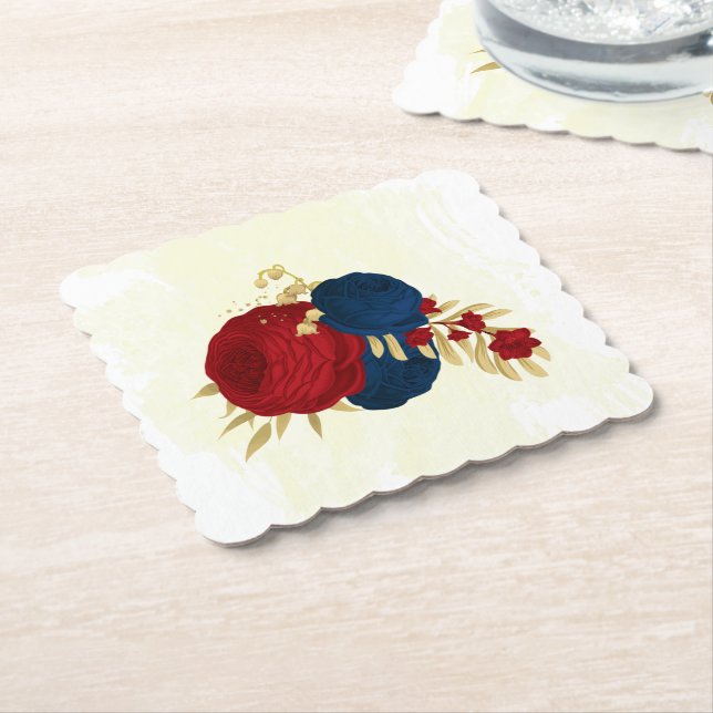 Romantic dark red & navy blue flowers gold wedding paper coaster (Angled)