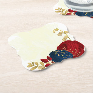 Romantic dark red & navy blue flowers gold wedding paper coaster