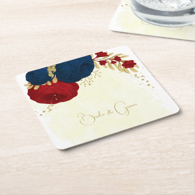 Romantic dark red & navy blue flowers gold wedding square paper coaster (Angled)