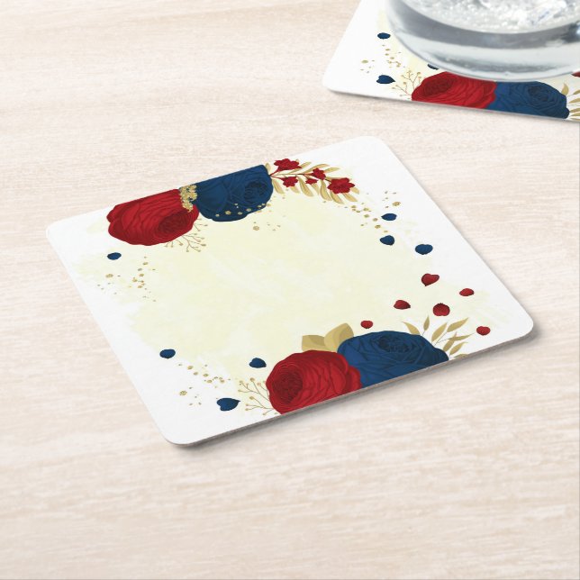 Romantic dark red & navy blue flowers gold wedding square paper coaster (Angled)