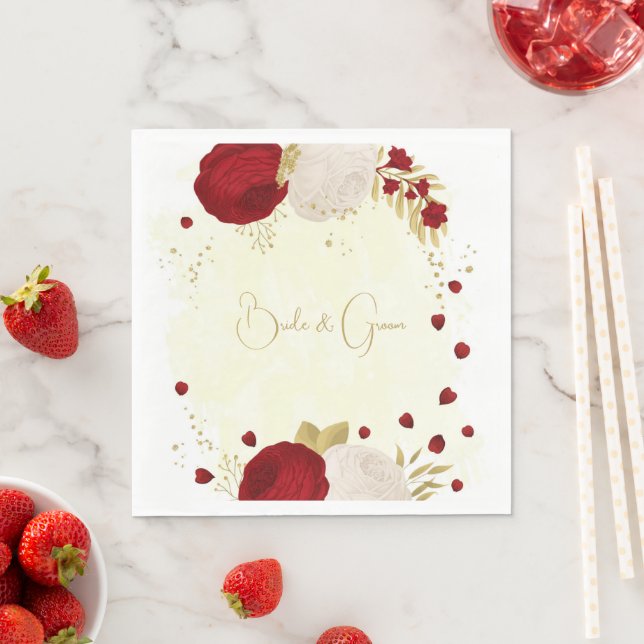Romantic dark red & white flowers gold napkin (Insitu)