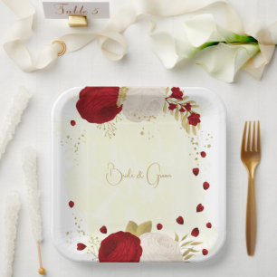 Romantic dark red & white flowers gold paper plate