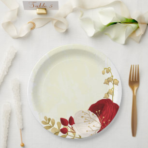 Romantic dark red & white flowers gold paper plate