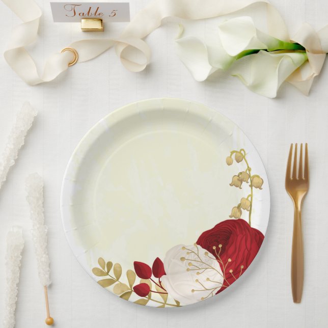 Romantic dark red & white flowers gold paper plate (Wedding)