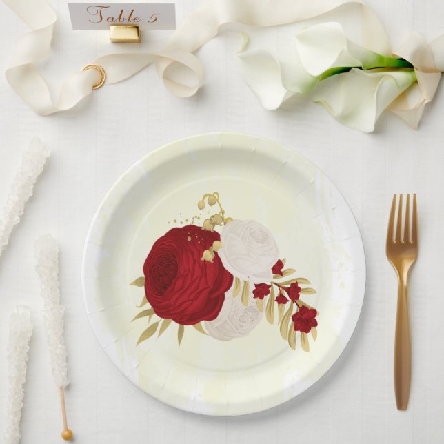 Romantic dark red & white flowers gold paper plate (Wedding)