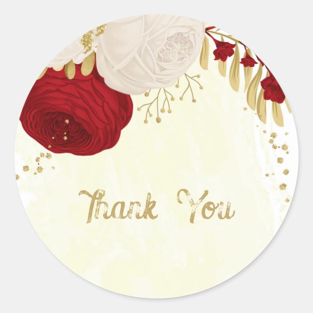 Romantic dark red & white flowers gold wedding classic round sticker (Front)