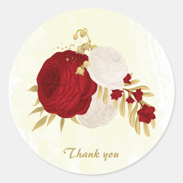 Romantic dark red & white flowers gold wedding classic round sticker (Front)